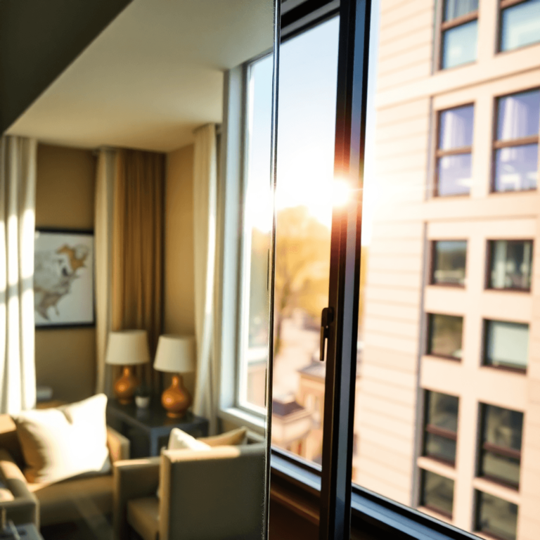 Close-up of a tinted window with vibrant sunlight reflections, showcasing a cozy interior and a modern building exterior, emphasizing energy efficiency and aesthetic appeal_