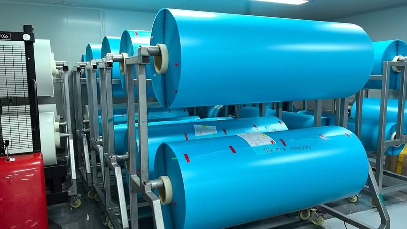 Batch-labeled window film rolls stored on racks for quality traceability