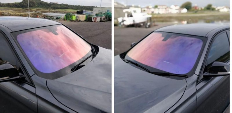 Orange chameleon window film color shift on car glass